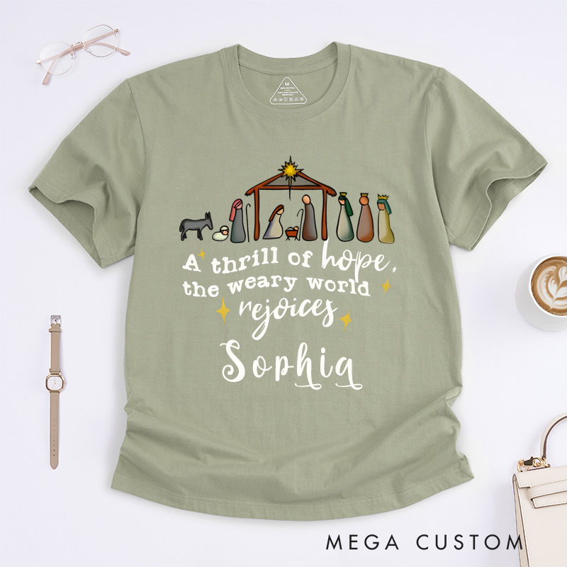 Personalized Nativity Scene Christmas Hope Quote Classic T-shirt Custom Name Christian Bible Verse Gift Unisex Shirt for Family Friends Music Lovers