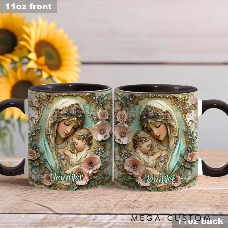 Personalized Virgin Mary Baby Jesus Ceramic Mug with Name Religious Inspirational Gift Catholic Gift for Women