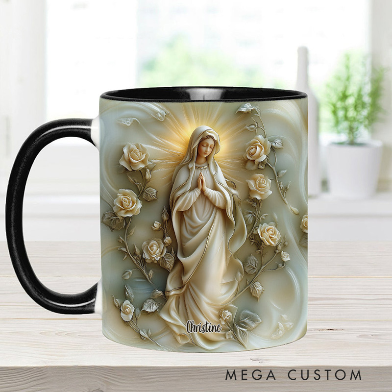 Personalized Virgin Mary Floral Ceramic Mug with Name Religious Inspirational Gift Catholic Gift for Women