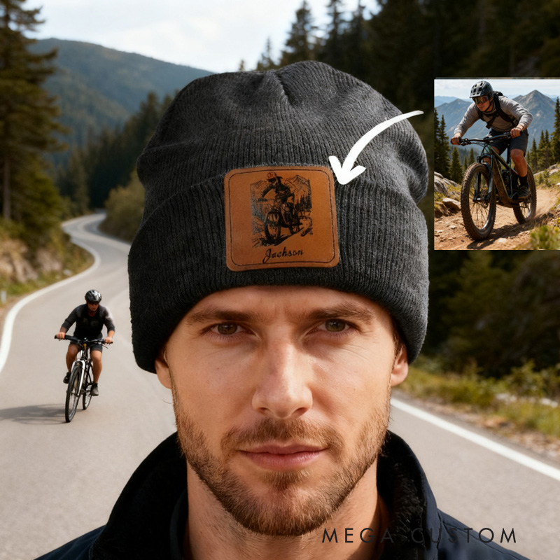 Personalized Leather Patch Beanie Classic Winter Hat Multicolor Rider Photo Knitted Beanie Hat with Name Daily Accessories Birthday Gift for Cycling Lovers Riders