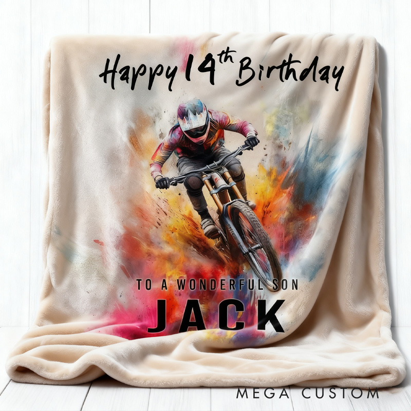 Personalized Colorful Mountain Biking Blanket Birthday Custom Mountain Biker Gift Soft Throw Blanket Mountain Bike Decor Bike Racing Birthday Cycling Gifts