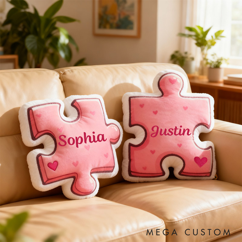 Personalized Girlfriend Pink Heart Puzzle Piece Pillow Custom Wife Name Cushion Valentine's Day Pillow for Husband Wife Christmas Gift for Him Her
