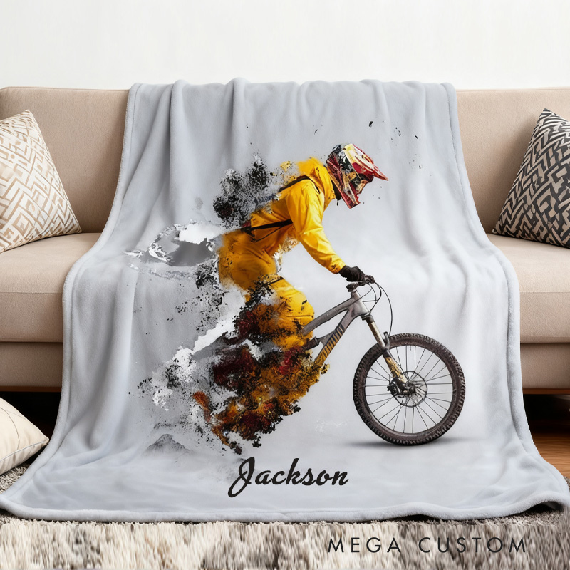 Personalized Mountain Bike Sherpa Blanket Explosion Dynamic Cycling Art Throw Blanket Bike Racing Birthday Cycling Gifts