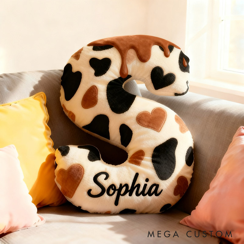 Personalized Girlfriend Brown Cow Print Heart Pillow Custom Wife Name Graphic 3D Print Cushion Valentine's Day Pillow Christmas Gift for Him Her