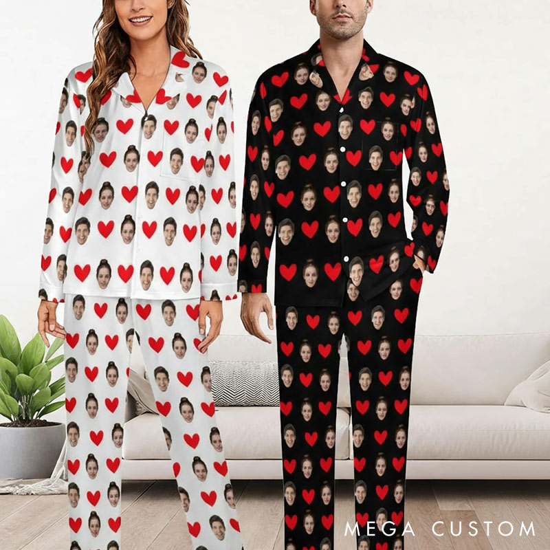 Personalized Couple Face Photo Pajamas Set Costom Photo Valentine's Day Heart Pajamas for Boyfriend Girlfriend for Wife Husband