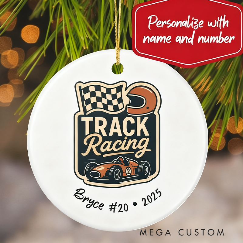 Personalized Racing Christmas Ornament Custom Name and Number Ceramic Round Track Racing Decoration Gift for Car Lovers and Motorsports Fans
