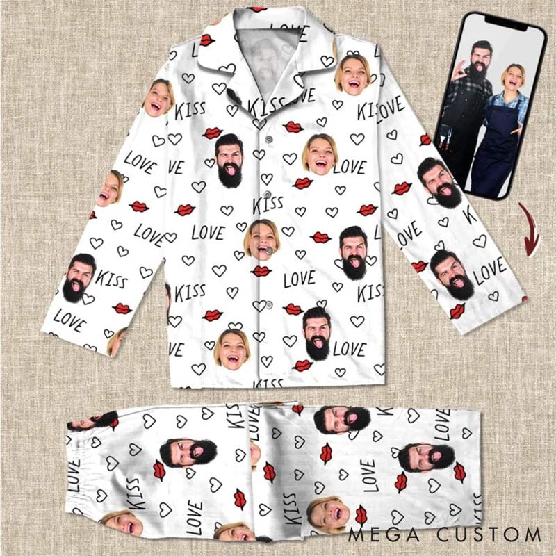 Personalized Couple Kiss Face Photo Pajamas Set Costom Photo Valentine's Day Heart Pajamas for Boyfriend Girlfriend for Wife Husband