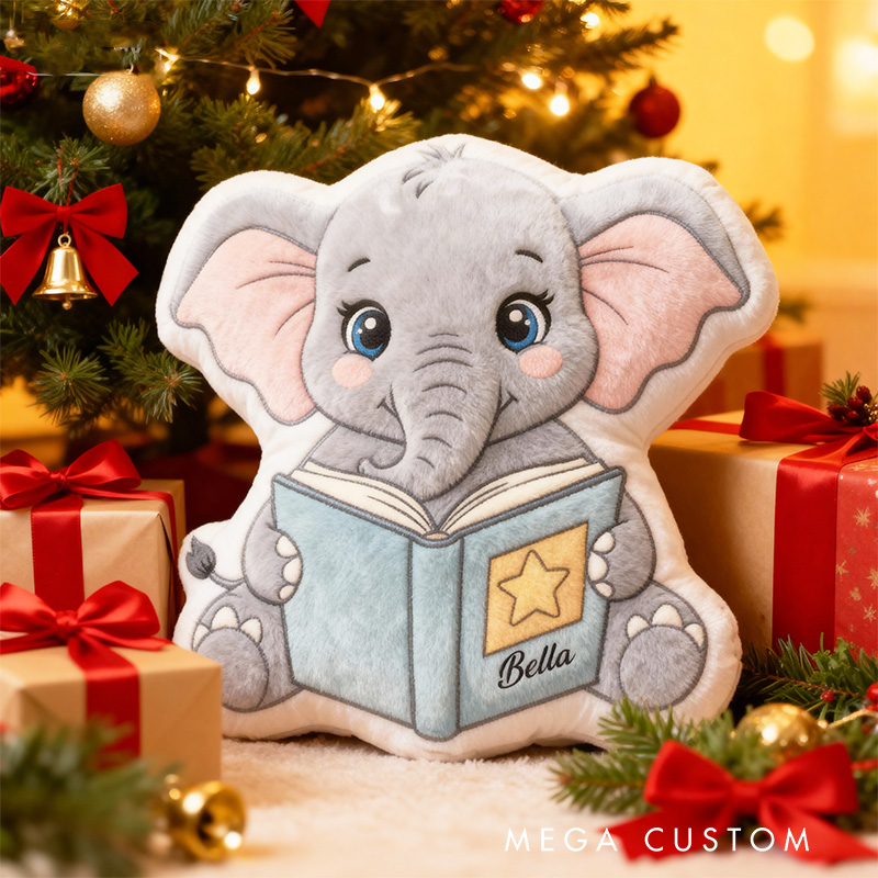 Personalized Reading Elephant Throw Pillow Graphic 3D Print Animal Pillow with Name for Kids Boys Girls Book Lover Gifts Birthday Gift