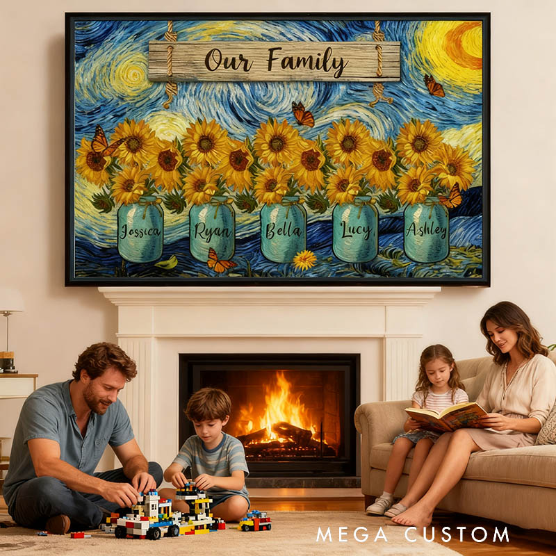 Personalized Our Family Van Gogh Style Starry Night Sunflower Vase Poster Without Frame Custom Art Lover Gift for Her Mom Grandmother for Mother's Day