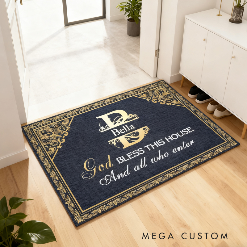 Personalized God Bless this House and All Who Enter Doormat with Name Non-Slip Durable Front Door Decor Religious Gift for Faithful Family