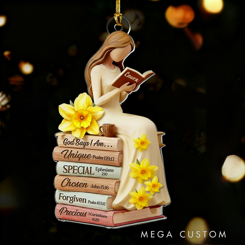 Personalized Birth Flower God Says i am Bible Verse Faithful Reflections Acrylic Ornament with Name Holiday Tree Decor Religious Gift Christmas Gift for Christian