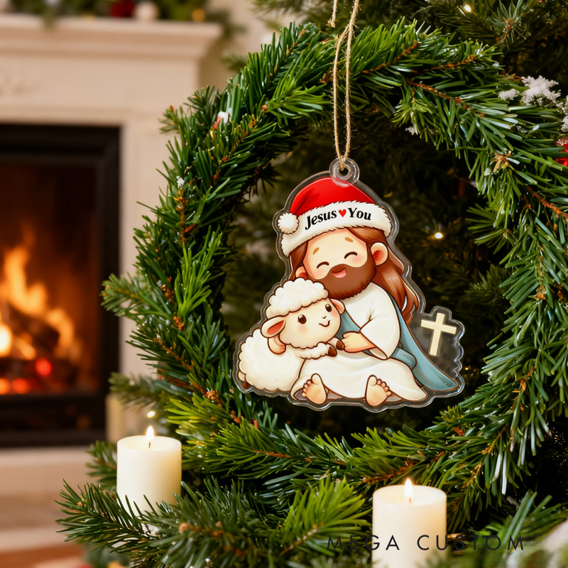 Personalized Cute Jesus Lamb Acrylic Ornament with Jesus Love you Custom Name Holiday Tree Decor Religious Gift for Kids Christian Gift for Christmas