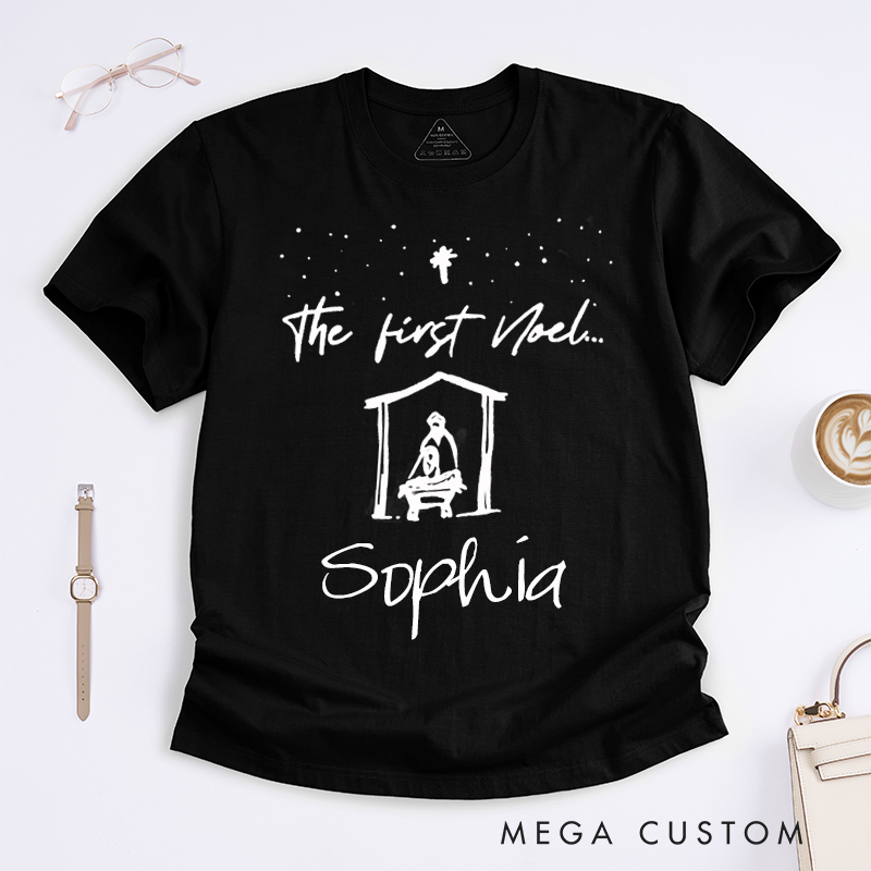 Personalized Nativity Scene Christmas Shirt Custom Name Gift for Men Women The First Noel Classic T-shirt Religious Holiday Present for Music Lover