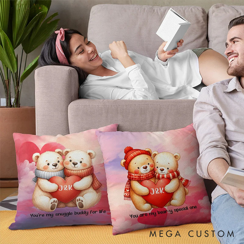 Personalized Cartoon Couple Bear in Love Pillow Custom Newlyweds Name Beer Heart Pillow Valentine's Day Gift for Husband Wife Boyfriend Girlfriend