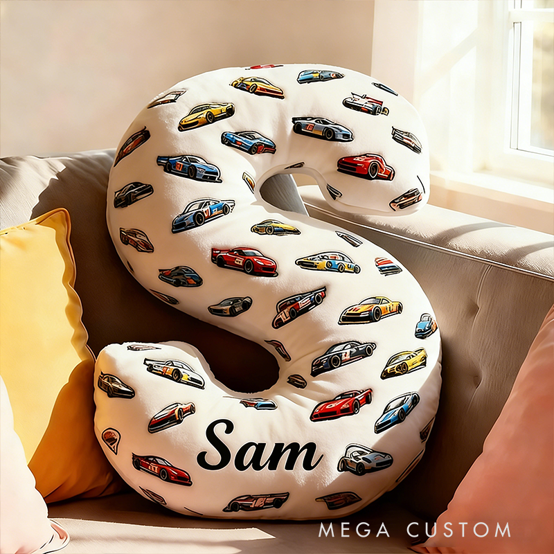 Personalized Racing Letter Pillow Custom Name and Alphabet Initial Shaped Cushion Graphic 3D Print Gift for Car Enthusiasts and Racing Lovers