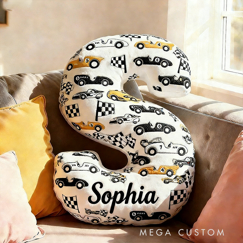 Personalized Racing Letter Pillow Custom Name and Initial Graphic Print Alphabet Cushion Graphic 3D Print Gift for Car Lovers