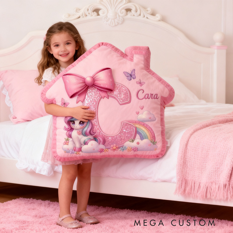Personalized Unicorn Pillow Pink House-Shaped 26 Letters Custom Name Design Perfect for Girl's Bedroom Decor and Gift Idea Graphic 3D Print