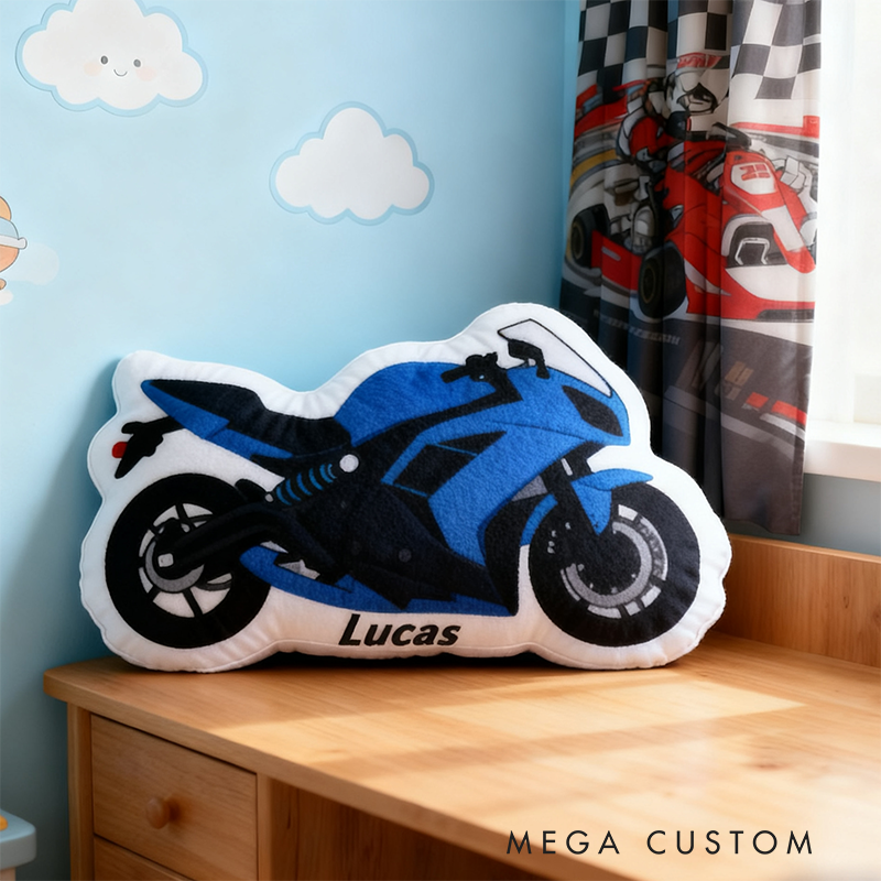 Personalized Motorcycle Pillow Custom Name and Color Motorcycle Shaped Cushion Gift for Motorcyclists and Racing Fans