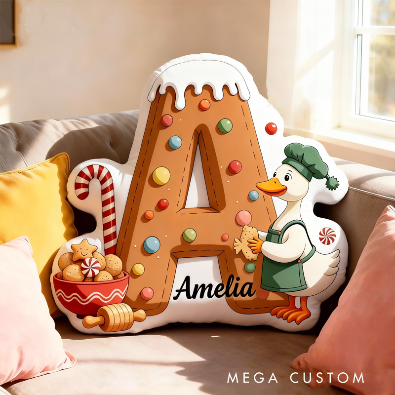 Personalized Christmas Goose Alphabet Throw Pillow Graphic 3D Print Gingerbread Letters with Name Goose Baker Festive Decor Gift for Kids Boys Girls Family 