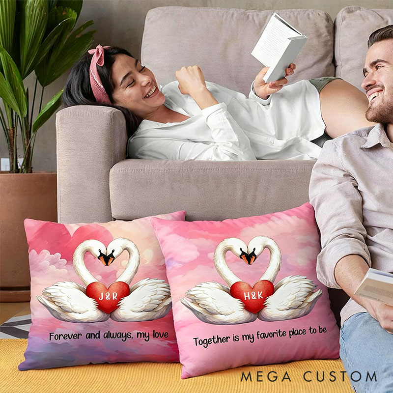 Personalized Cartoon Couple Swans in Love Pillow Custom Newlyweds Name Swans Heart Pillow Valentine's Day Gift for Husband Wife Boyfriend Girlfriend