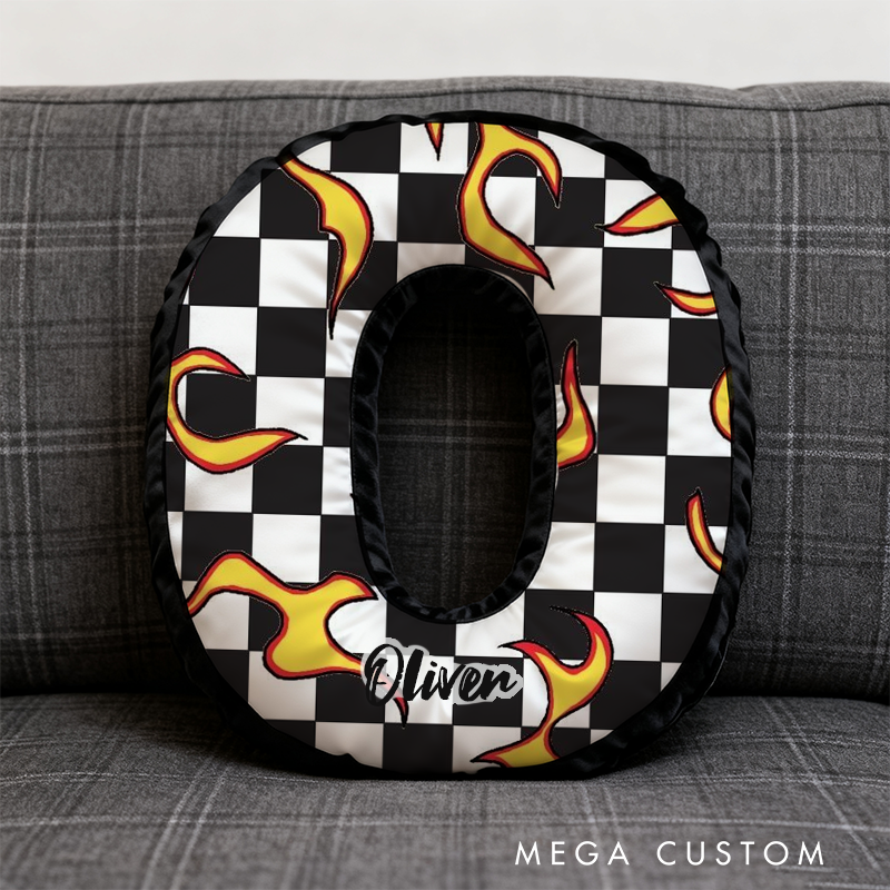 Personalized Racing Flame Pillow Custom Initial Checkered Flag Design Cushion 3D Print Gift for Motorsports Fans