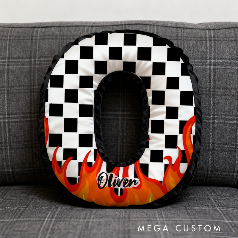 Personalized Racing Flame Pillow Custom Initial Checkered Flag Design Cushion 3D Print Gift for Speed Enthusiasts