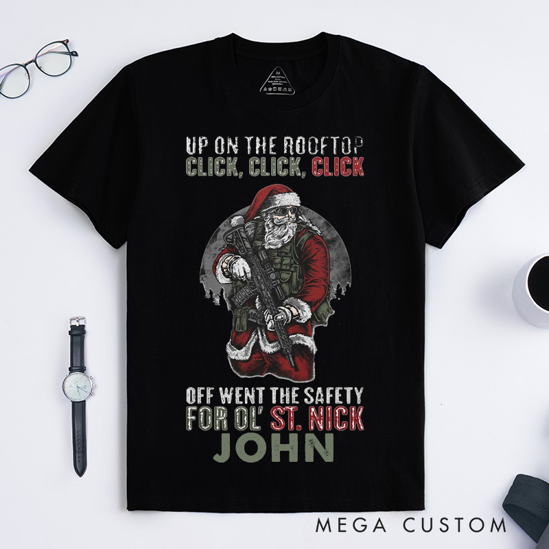 Personalized Military Santa Christmas Shirt Custom Name Tee Holiday Gift for Men Women Funny Xmas Classic T-shirt for Music Lover Family and Friends