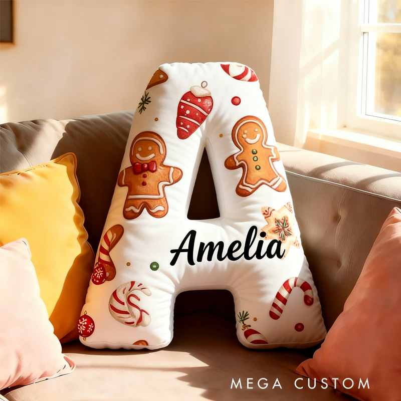 Personalized Gingerbread Cookie Alphabet Throw Pillow Graphic 3D Print Christmas Letters with Name for Baker Festive Decor Gift for Kids Boys Girls Family 