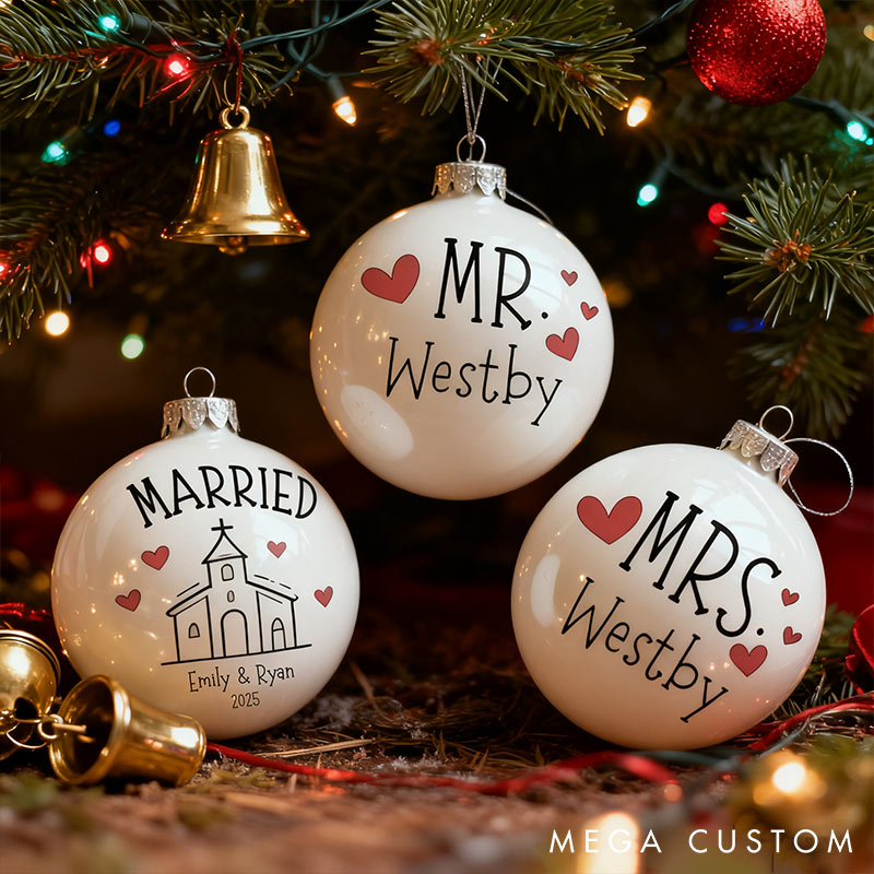 Personalized Mr and Mrs Matching Christmas Ball Ornament Our First Christmas Ornament Set For Newlywed Couple Wedding Ornament Keepsake