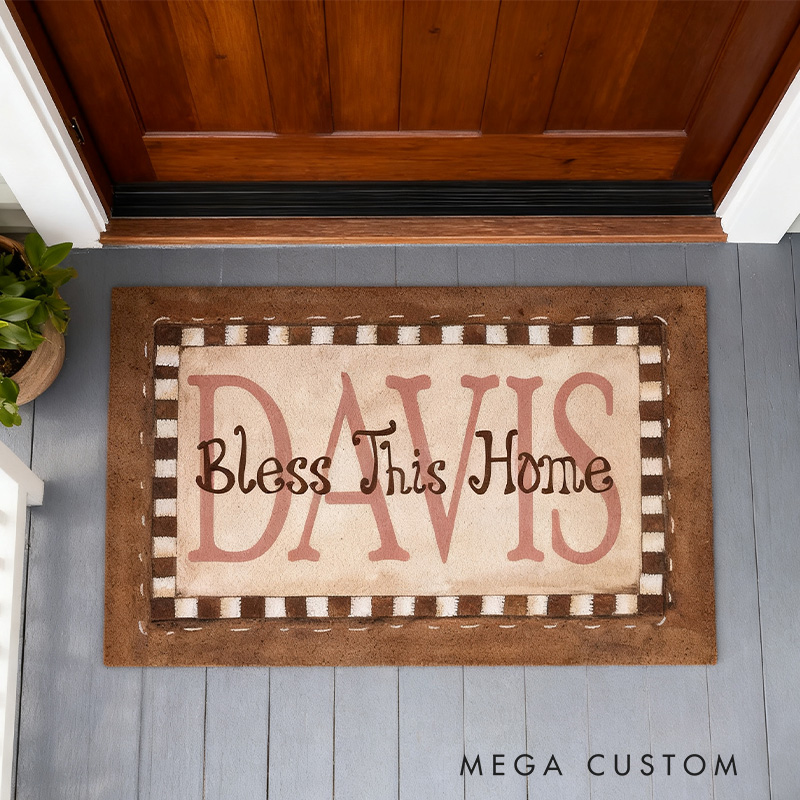 Personalized Bless this Home Doormat with Family Name Non-Slip Durable Front Door Decor Religious Gift for Faithful Family