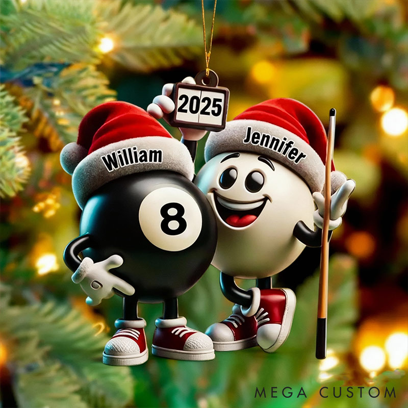 Personalized Funny Pool Ball Design 2D Flag Couple Ornament Chrismas Decoration with Names Chrismas Gift for Husband Wife