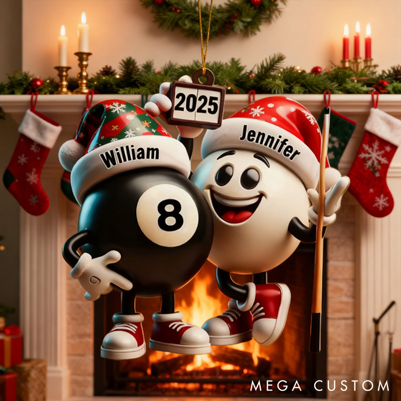 Personalized Funny Chrismas Pool Ball Design 2D Flag Couple Ornament Chrismas Decoration with Names Chrismas Gift for Husband Wife