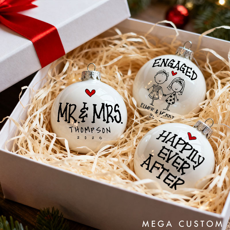 Personalized Mr and Mrs Engaged Matching Christmas Ball Ornament Newlyweds Name Date Hand-Painted Xmas Ball First Christmas Gift for Him Her