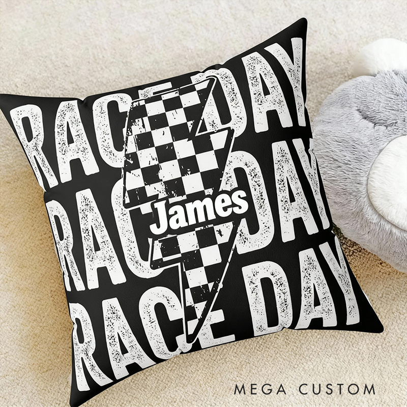 Personalized Race Day Throw Pillow Custom Name Checkered Flag and Lightning Bolt Design Cushion Gift for Racers and Motorsport Fans