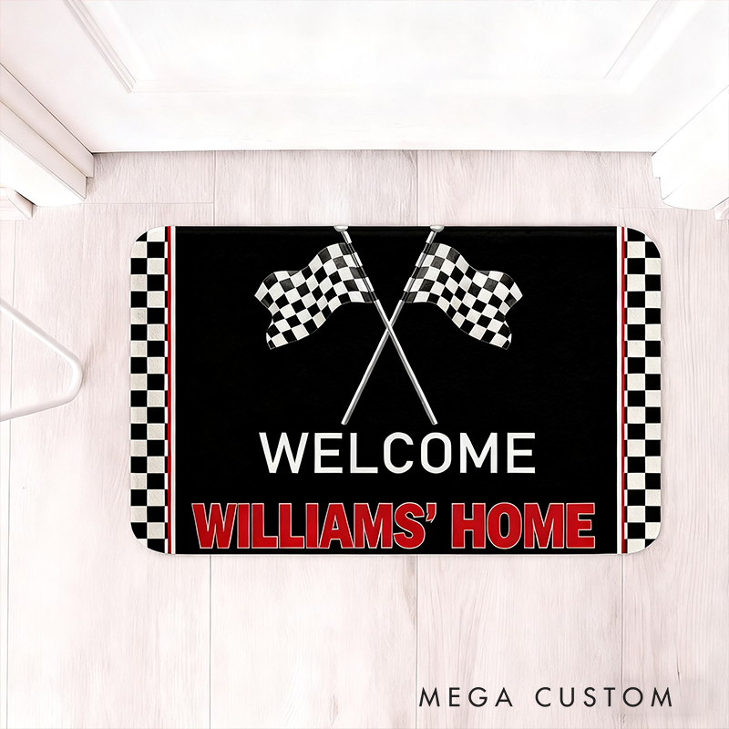 Personalized Racing Theme Door Mat Custom Name Checkered Flag Welcome Mat for Race Car Lovers and Motorsport Families