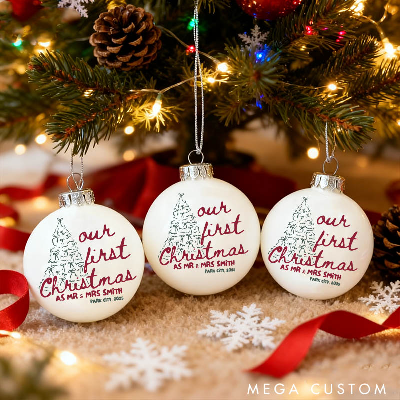 Personalized Our First Christmas as Mr and Mrs Christmas Ball Ornament Newlyweds Couple Tree Bow Married Xmas Ornament Christmas Gift for Him Her