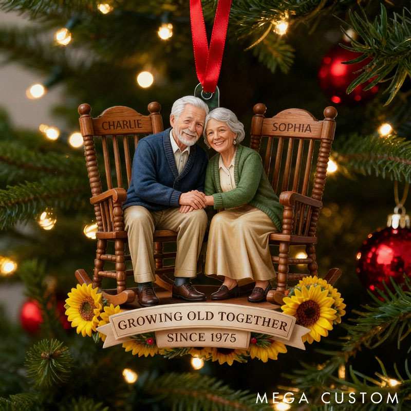 Personalized Growing Old Together Anniversary Ornament Couple 2D Flat Acrylic Ornament with Flowers Sitting Together Vintage Christmas Gift
