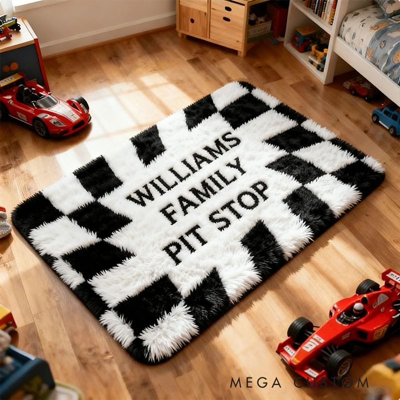 Personalized Racing Checkered Flag Rug Custom Family Name Pit Stop Mat for Motorsport Lovers and Car Families