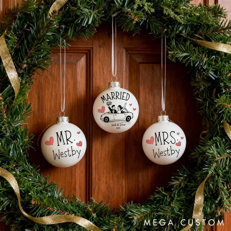 Personalized Mr and Mrs Matching Christmas Ball Ornament Our First Christmas Ornament Set For Newlywed Couple Wedding Ornament Keepsake