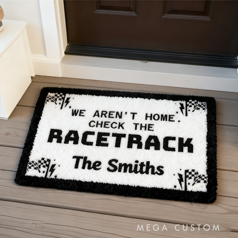 Personalized Racer Family Doormat Custom Name We Are not Home Check the Racetrack Welcome Mat for Car Lovers and Motorsport Fans