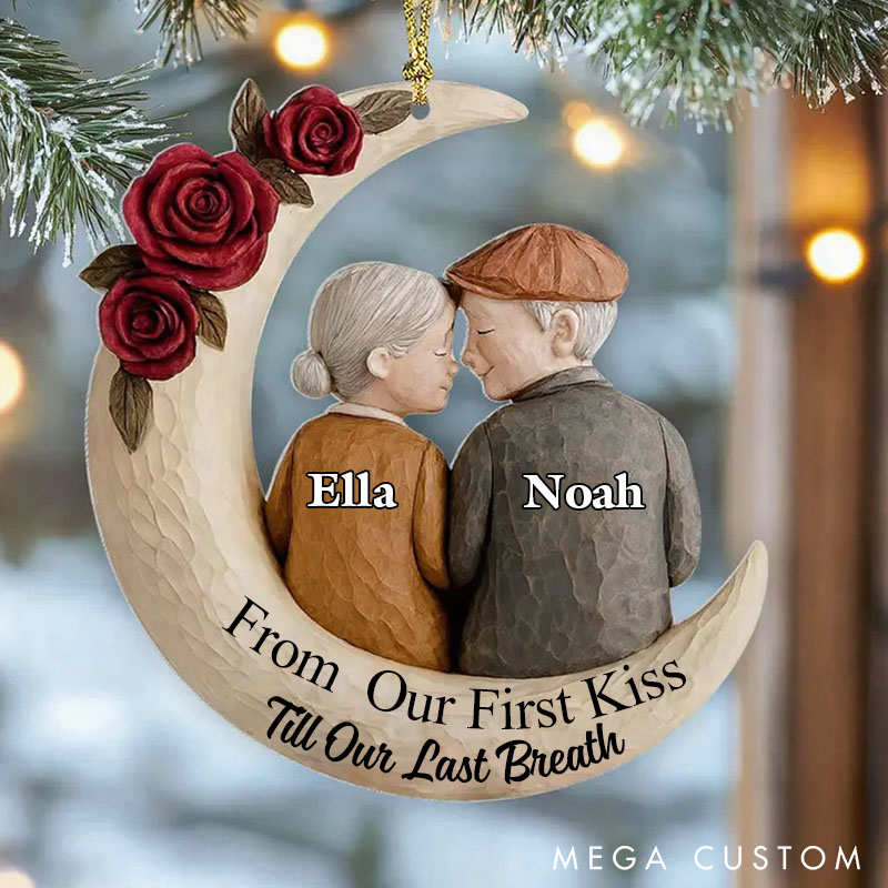 Personalized Old Couple Ornament 2D Flat Couple Anniversary Gift From Our First Kiss Till Our Last Breath Moon Acrylic Ornament with Elderly 