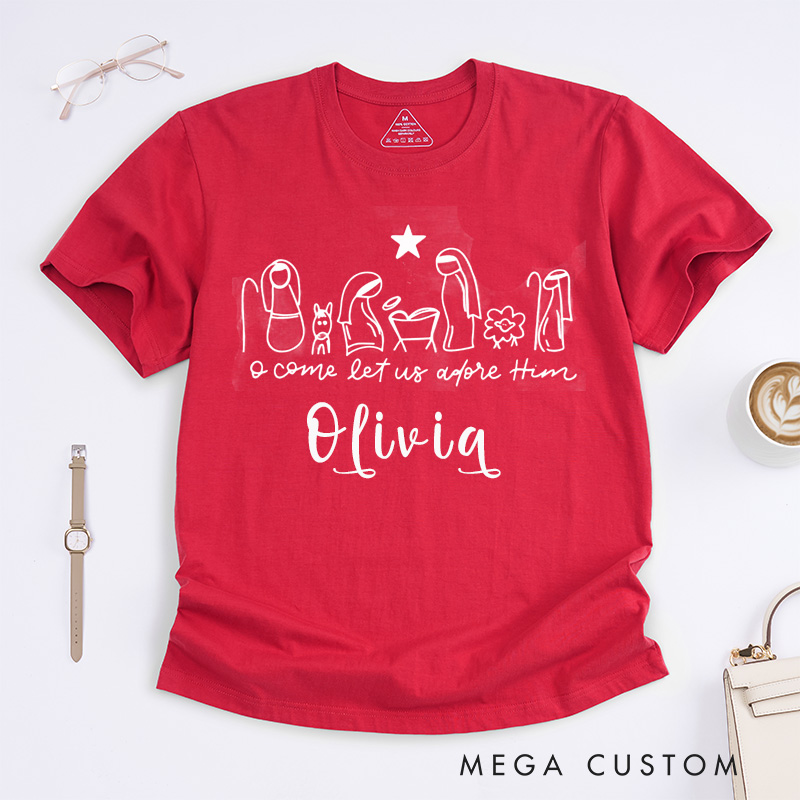 Personalized Nativity Scene Christmas Classic T-shirt Gift Religious Christian O Come Let Us Adore Him Custom Name Unisex Tee for Family Music Lovers