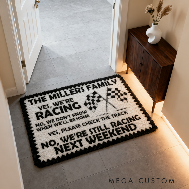 Personalized Funny Racing Doormat Custom Name Checkered Flag Design Yes We Are Racing Mat for Car Lovers and Motorsport Families