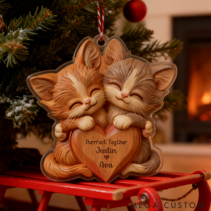 Personalized 2D Flat Printed Faux Wood Couple Cat Acrylic Christmas Ornament Custom Newlywed Xmas Ornament Our First Christmas Gift for Animal Lovers