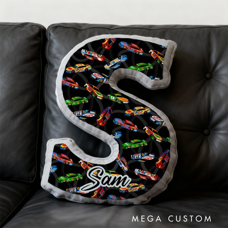 Personalized Race Car Initial Pillow Custom Name Cushion Gift for Car Enthusiasts