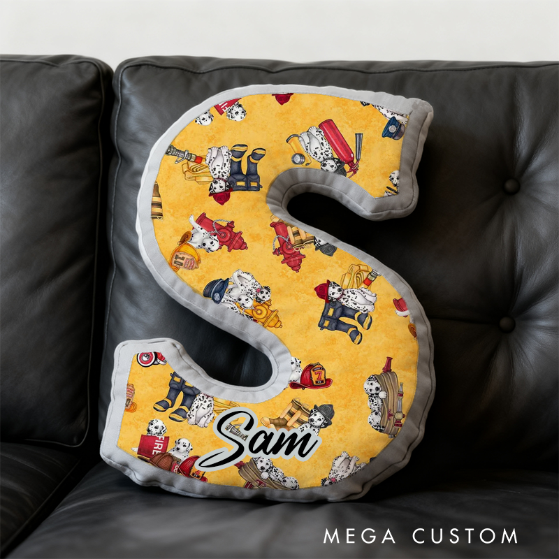 Personalized Firefighter Dalmatian Initial Pillow with Custom Name Gift for Kids and Fire Rescue Fans
