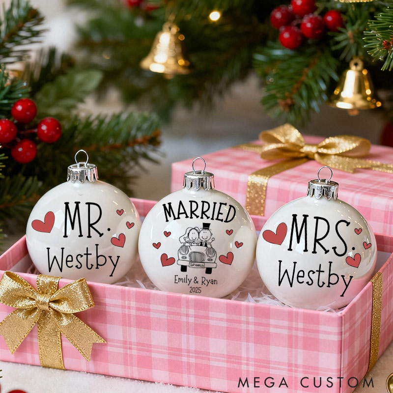 Personalized Mr and Mrs Matching Christmas Ball Ornament Our First Christmas Ornament Set For Newlywed Couple Wedding Ornament Keepsake