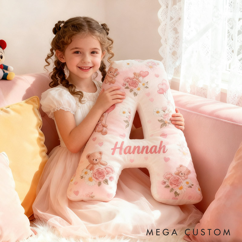 Personalized Flower Girl Pink Floral Bear Heart Balloon Letter Pillow Custom Couple Cushion Wedding Gift for Girl Christmas Gift for Girlfriend Wife