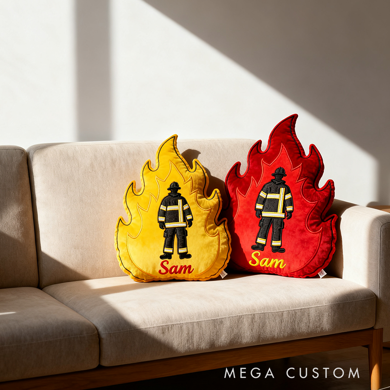 Personalized Firefighter Flame Pillow Custom Name and Color Fire Shape Cushion Gift for Firefighter Families