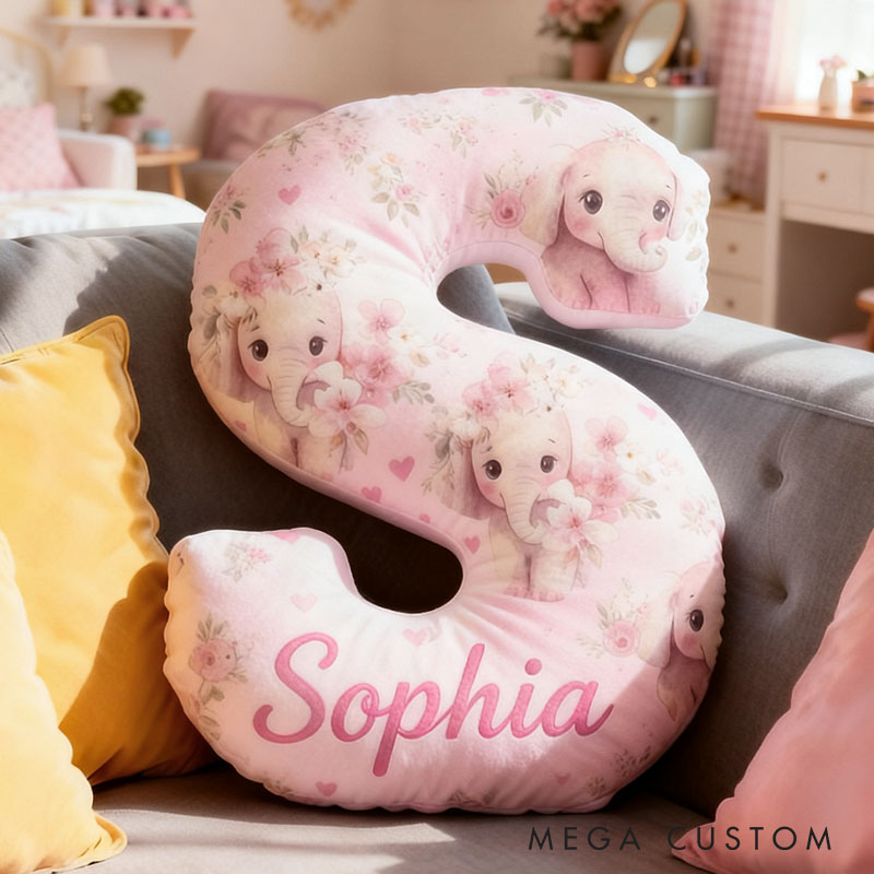 Personalized Flower Girl Pink Floral Elephant Heart 26 Letter Pillow Custom Girl Name Cushion Wedding Gift for Girl Christmas Gift for Girlfriend Wife